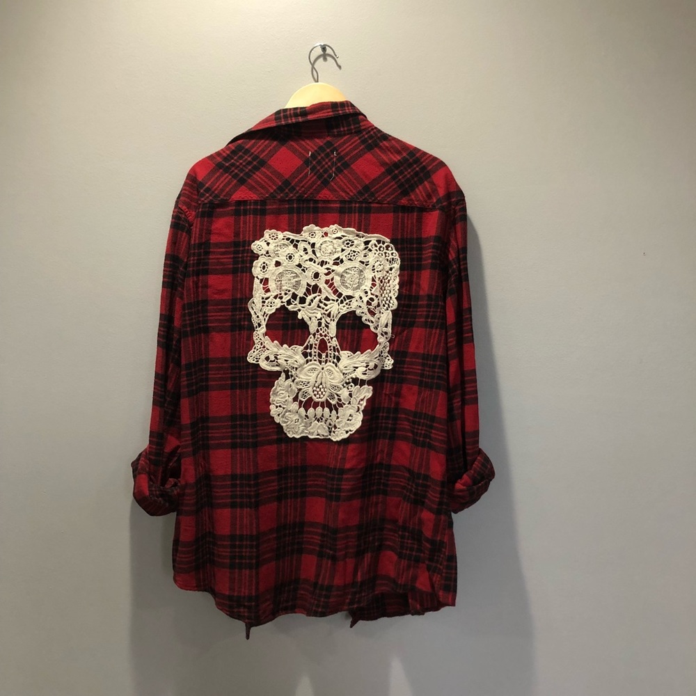 LF furst of a kind red and lace skull flannel